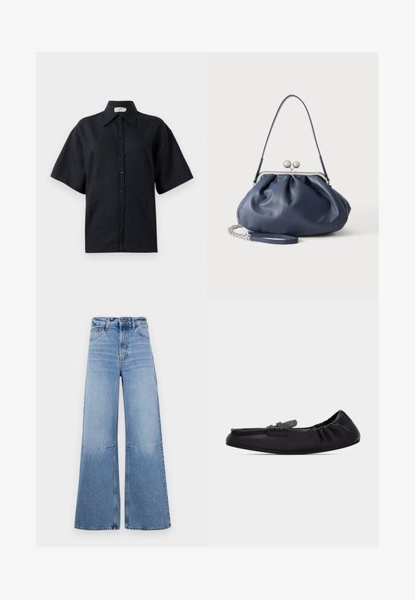 Sort knap-shirt med korte ærmer, der har et stribet mønster, spredt krave og frontknaplukning. Glat tekstur, afslappet pasform.; Lyseblå, brede denimjeans med høj talje, der har frontlommer og sømdetaljer, der løber lodret ned ad benene.; Sort læderflad loafer med elastisk hælkappe og en lille remdetalje over toppen, set fra siden på en hvid baggrund.; Blød navyblå læderhåndtaske med sølv lukning, enkelt skulderrem og aftagelig kæde til håndleddet på hvid baggrund.