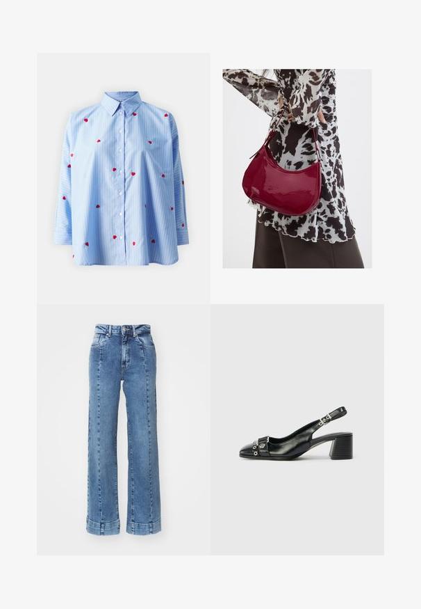 Hele sinine nööpidega särk valgete triipudega, millel on punane südame tikand. Pikad varrukad, lõdva lõikega ja kraega.; Heledad sinine denim laiad püksid kõrge vöökoha ja ees olevate taskutega, millel on õmblusdetailid. Alläär on keeratud ja õmmeldud.; Must musta slingi kontsaga, millel on terav nina, tekstuuriga rihm, millel on ümmargused metallaktsendid ja kihiline plokkkonts.; Naine, kes kannab must-valget mustriga pluusi ja hoiab läikivat punast õlakotti ühevärvilise tausta ees.