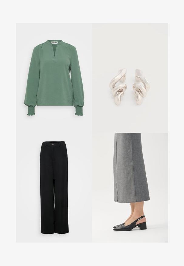 Blouse verte à manches longues avec un décolleté en V, en tissu texturé, et des manches bouffantes ornées de smocks au niveau des poignets.; Pantalons noirs à jambes larges avec une texture lisse, dotés d'une fermeture à bouton et de poches avant. Design classique et polyvalent, idéal pour diverses occasions.; Chaussures slingback en cuir noir avec bout pointu, talon bloc et accent de talon rose contrastant. Texture lisse avec un design minimaliste.; Boucles d'oreilles clips en métal argenté torsadé avec une finition lisse et brillante, présentant un design moderne et abstrait en spirale.