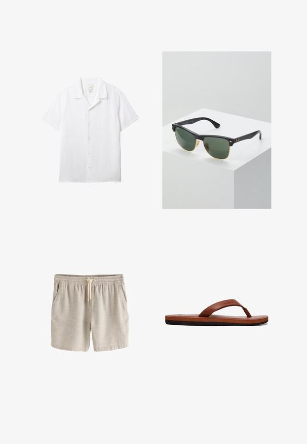 Camisa blanca de manga corta con botones, cuello estilo campestre y etiqueta visible de Calvin Klein en el interior del escote.; Pantalones cortos casual beige con cintura elástica y cordón crema, con bolsillos laterales y tela texturizada.; Chancla de cuero marrón con una tira texturizada, plantilla acolchada y suela de goma negra. Vista lateral que resalta su diseño delgado.; Gafas de sol Ray-Ban con lentes verdes, montura de plástico negro y acentos dorados en los bordes. Forma cuadrada con acabado mate.