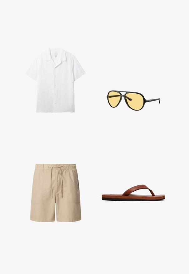 Camisa blanca de manga corta con botones, cuello estilo campestre y etiqueta visible de Calvin Klein en el interior del escote.; Pantalones cortos de algodón beige con cintura elástica y cordón ajustable, que cuentan con dos bolsillos frontales y detalles de costura en contraste.; Chancla de cuero marrón con una tira texturizada, plantilla acolchada y suela de goma negra. Vista lateral que resalta su diseño delgado.; Gafas de sol aviador con montura negra, lentes tintadas de amarillo y doble puente, inclinadas para mostrar las patillas con el logo de Ray-Ban en el lateral.