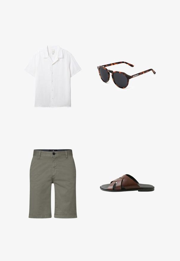 Weißes Kurzarm-Hemd mit Knopfleiste, Camp-Kragen und sichtbarem Calvin Klein-Label im Halsausschnitt.; Khakishorts aus einem glatten Baumwollmischmaterial, mit einem Reißverschluss, einem Knopfverschluss und Fronttaschen. Gerades Bein Design, knielanger Schnitt.; Braune Herren-Pantoletten aus Leder mit gekreuzten Riemen und schwarzer Sohle, seitlich auf weißem Hintergrund dargestellt.; Runde Sonnenbrillen mit einem Schildpattmuster-Rahmen, schwarzen Gläsern und einer matten Oberfläche. Verfügt über ein Markenlogo an den Bügeln.