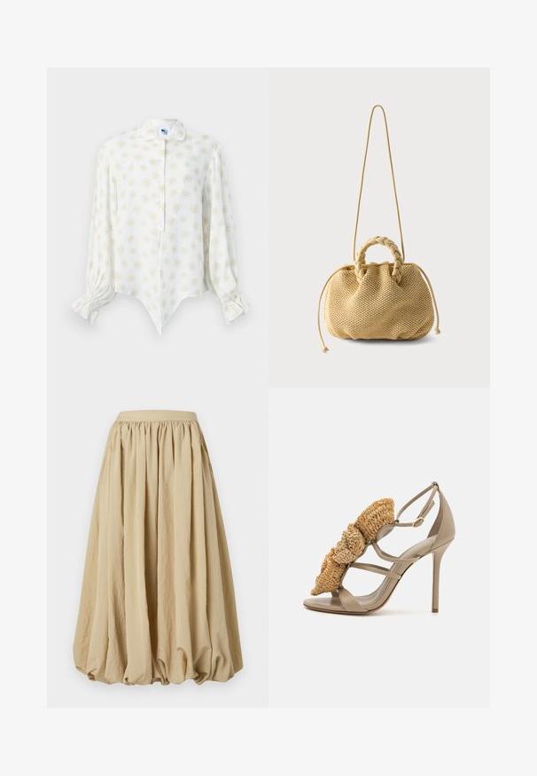 Blouse blanche à manches longues avec motifs de marguerites jaunes et blanches, boutonnée sur le devant, ourlet pointu et poignets froncés.; Jupe midi beige avec taille froncée, en tissu fluide et forme volumineuse, présentant une surface texturée et de subtils détails de plis.; Sandale à talon aiguille beige avec un accent en paille tissée à l'avant, dotée d'un design à lanières et d'un dos fermé. Tige et semelle en cuir lisse.; Sac à main tissé beige avec poignées supérieures tressées, côtés à cordon de serrage et une longue bandoulière fine sur fond blanc uni.