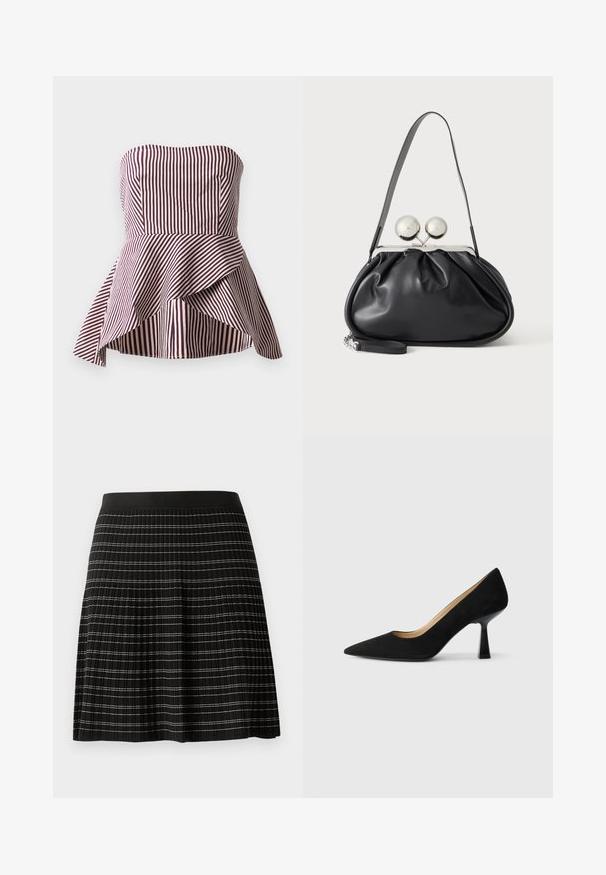 Haut peplum sans bretelles en rayures rouge foncé et crème, présentant un corsage ajusté et un ourlet évasé et superposé pour plus de texture.; Jupe plissée noire avec une taille lisse, ornée de subtiles rayures horizontales contrastées en argent et blanc sur le tissu.; Pompe à talons hauts en suède noir avec un bout pointu, dotée d'un talon bloc noir brillant et d'une doublure intérieure lisse.; Sac à main en cuir noir avec un design plissé, une sangle unique, un cadre métallique argenté et deux grandes fermoirs ronds en argent.