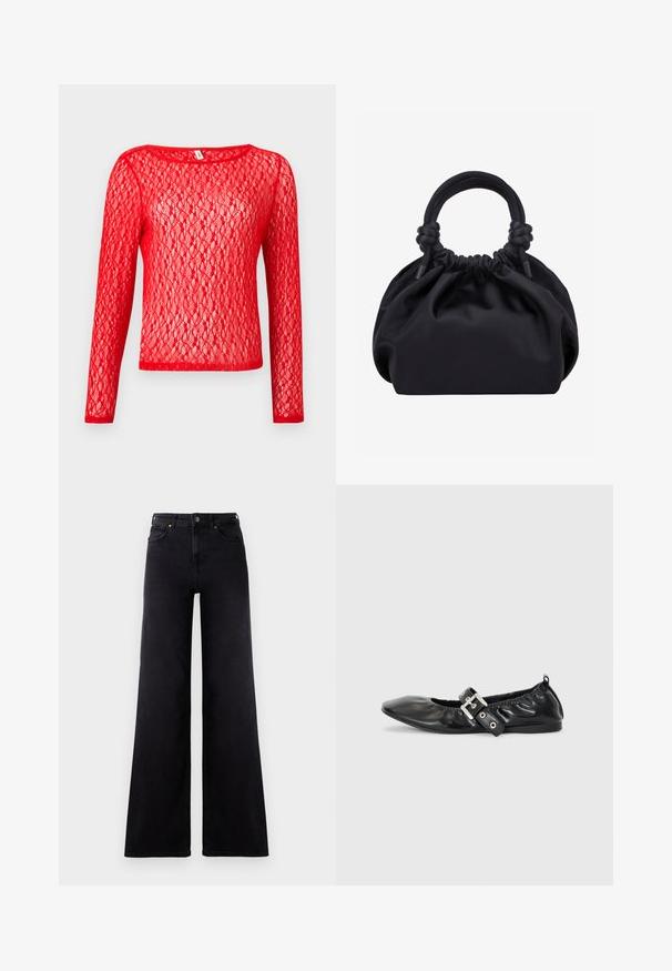 Rød blonde langærmet top med rund halsudskæring. Stoffet har et delikat, åbent vævemønster, hvilket giver en struktureret, semi-transparent fremtoning.; Højtaljede sorte wide-leg jeans med frontlommer, bælteløkker og knappelukning.; Sorte læder flade sko med spids tå, samling detaljer omkring åbningen, og en sølv spænde accent på den justerbare rem.; Sort blød stofhåndtaske med samlet top og cirkulære polstrede håndtag bundet med knuder på hver side.