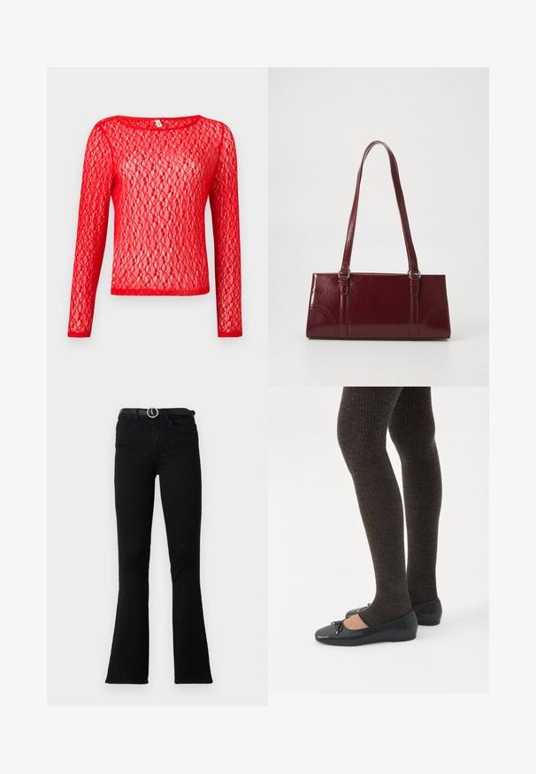Haut en dentelle rouge à manches longues avec un col rond. Le tissu présente un motif délicat et ouvert, mettant en valeur une apparence texturée et semi-transparente.; Jean évasé noir en denim, avec une taille ajustée, des poches avant et une ceinture à boucle argentée. Le tissu a une texture lisse.; Jambes portant des leggings côtelés foncés associés à des ballerines noires avec de petits détails en nœud sur fond blanc.; Sac à main bordeaux en matériau brillant, de forme rectangulaire, avec deux anses et des accents légèrement courbés à l'avant.