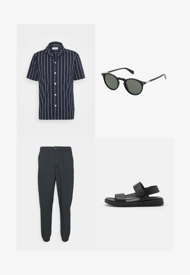 Chemise à manches courtes bleu marine avec des rayures verticales blanches, devant boutonné et col cranté. Fabriquée en tissu léger.; Pantalon noir avec une jambe fuselée, des poignets élastiques, des poches latérales et une fermeture à bouton ; fabriqué en tissu léger avec une texture lisse.; Sandales en cuir noir avec deux larges sangles, une bande de cheville réglable et une semelle en caoutchouc noir épaisse avec des rainures distinctives.; Lunettes de soleil rondes noires avec des verres verts foncés, monture en plastique et accents en métal sur les branches. Texture lisse, design minimaliste.
