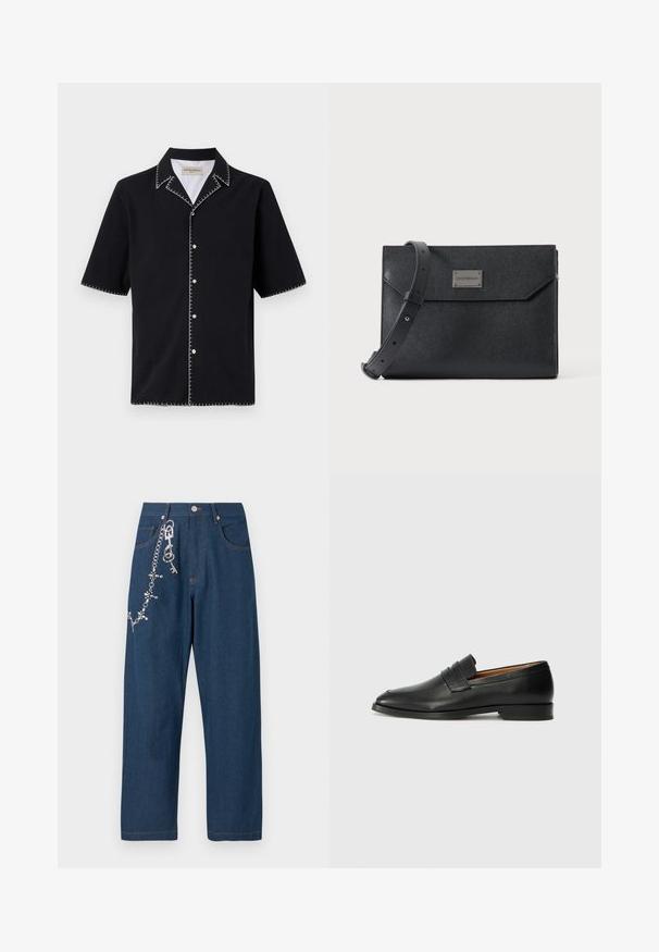 Zwarte korte mouw shirt met een kraag, met witte contrasterende stiksels langs de randen en knopen aan de voorkant. Geweven stof.; Donkerblauwe denim wide-leg jeans met een ketting met rhinestones aan de linkerkant, en zichtbare oranje stiksels op de zakken en de zoom.; Zwarte leren instapper met een ronde neus, subtiele stikdetails en een lage hak, met een gladde textuur en een minimalistisch ontwerp.; Zwart getextureerde leren crossbody tas met verstelbare riem en metalen logo plaatje aan de voorkant, rechthoekige envelopstijl flap sluiting.