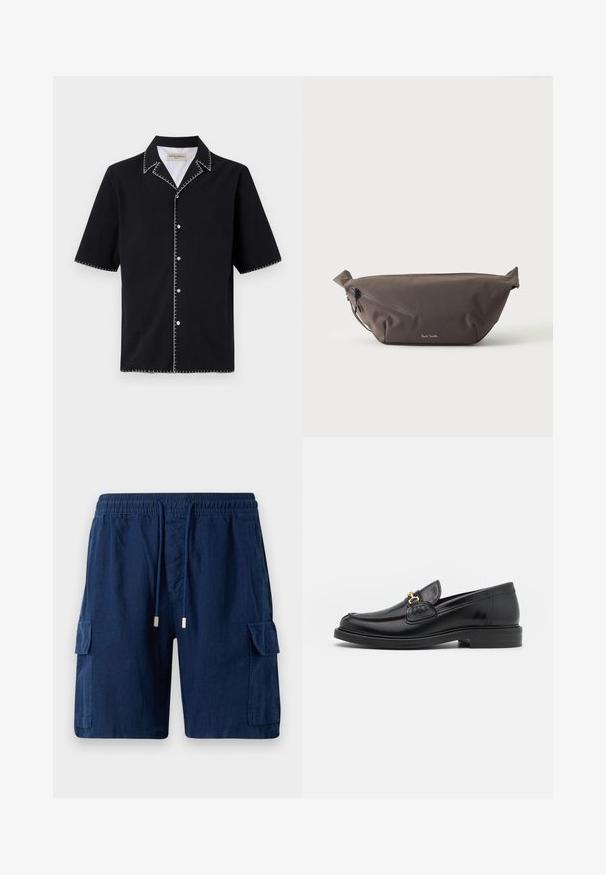 Schwarzes kurzärmliges Hemd mit Kragen, mit weißen Kontrastnähten entlang der Kanten und Knöpfen auf der Vorderseite. Strukturierten Stoff.; Marineblaue Cargo-Shorts aus leichtem Material, mit einem elastischen Bund und Kordelzug, zwei Seitentaschen und einer Beintasche.; Schwarze Lederleter mit einer abgerundeten Zehenpartie, ausgestattet mit goldenen Hardwareakzenten und Stichdetails, auf einer niedrigen, strukturierten Gummisohle.; Dunkelbraune Stoff-Gürteltasche mit diagonalem Reißverschlussfach und kleinem weißen Logo vorne, vor einem einfarbigen hellen Hintergrund.