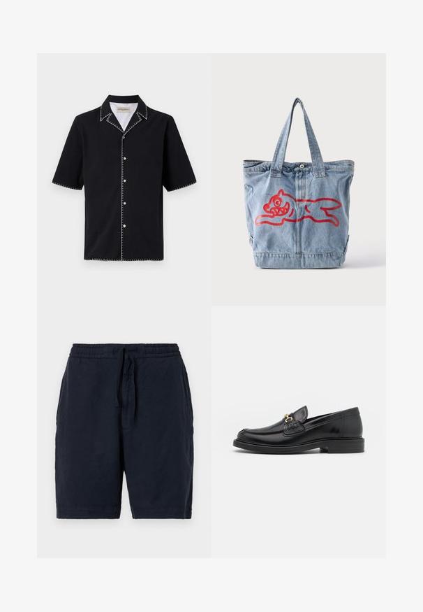 Camisa negra de manga corta con cuello, que presenta costuras en contraste blancas a lo largo de los bordes y botones en la parte delantera. Tejido texturizado.; Pantalones cortos de lino azul marino con cintura elástica y cordón, que presentan un ajuste relajado y una superficie ligeramente texturizada.; Mocasines de cuero negro con punta redondeada, que cuentan con un detalle de herrajes dorados y costuras, situados sobre una suela de goma texturizada y baja.; Bolsa tote de mezclilla azul claro con dos asas y un contorno rojo de un animal de dibujos animados corriendo en el frente.