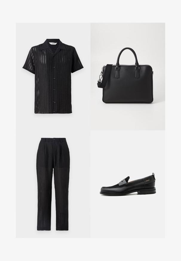 Schwarzes Kurzarmhemd mit Mesh-Design, ausgestattet mit einer Knopfleiste und klassischem Kragen. Leichter Stoff mit vertikalen Ausschneidungen.; Schwarze, plissierte Hose aus einem strukturierten, gemusterten Stoff. Mit elastischem Bund und Knopfverschluss, gerade Schnittform.; Schwarzer Lederloafer mit grauem Riemendetail, niedrigem Absatz und strukturierter Sohle, seitlich mit „HUGO“ in Gold gebrandmarkt.; Schwarze Ledertasche mit strukturierten Oberflächen, zwei Griffen und einem abnehmbaren Schultergurt. Verfügt über silberne Reißverschlüsse und minimalistische Designelemente.