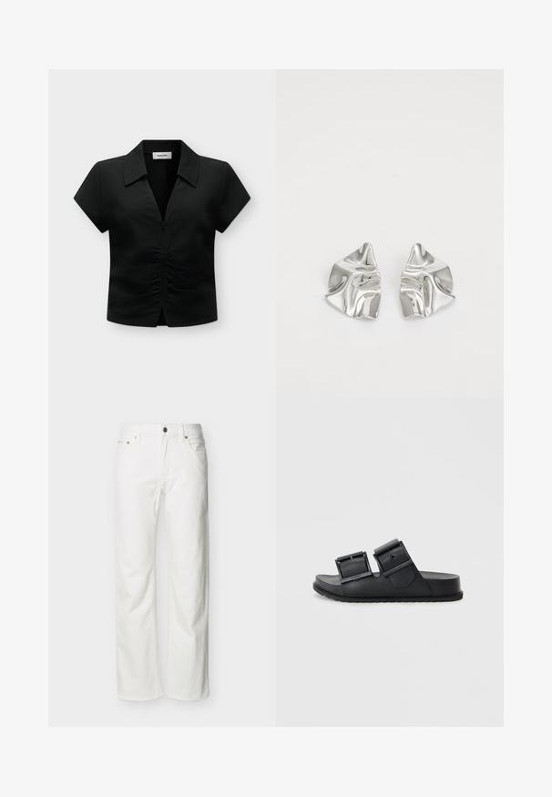Zwarte blouse met korte mouwen, kraag en rits aan de voorkant, met geplooide details en een licht open zoom aan de onderkant in het midden.; Witte jeans met rechte pijpen, voorzakken, riemlussen, knoopsluiting en zichtbare stiksels tegen een effen achtergrond.; Zwarte schuursandalen van textuur materiaal met twee verstelbare banden met gespen. Vlakke zool met een gemusterde loop voor grip.; Zilveren metalen oorbellen met een golvend, sculpturaal ontwerp, voorzien van een gepolijste afwerking en onregelmatige vormen, die een hedendaagse esthetiek benadrukken.