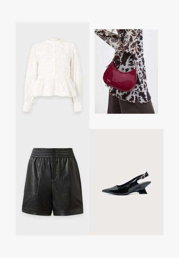 Witte blouse met lange mouwen, gerimpelde voorkant, opstaande kraag, knoopsluiting en een geplooide peplumzoom.; Zwarte neplederen shorts met elastische tailleband, voorste drukknoop, grote voorzakken en rechte zoom.; Zwarte lakleren slingback schoen met spitse neus en lage schuine blokhak op een effen lichte achtergrond.; Vrouw met een zwart-wit gebloemde blouse houdt een glanzende rode schoudertas vast tegen een effen achtergrond.