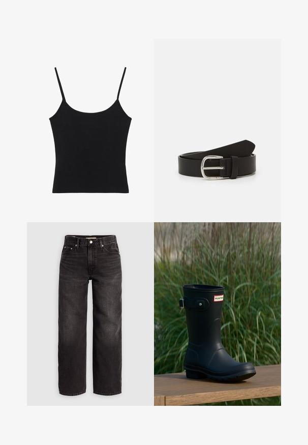 Débardeur noir sans manches pour femme avec fines bretelles spaghetti et ourlet droit.; Levi's® BAGGY DAD - Jean baggy - shrink up; Botte de pluie en caoutchouc noir avec une finition brillante, dotée d'une boucle argentée et d'un écusson de logo. La semelle est texturée pour une meilleure adhérence.; Ceinture en cuir noir avec une texture lisse, dotée d'une boucle en métal argenté et d'une extrémité effilée. Design simple et classique.