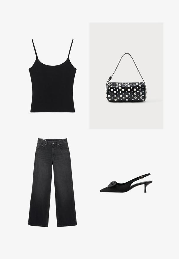 Zwart dames tanktop zonder mouwen met dunne spaghettibandjes en een rechte zoom.; Zwarte jeans met brede pijpen, hoge taille, sluiting met knopen en rits aan de voorkant, riemlussen en een ontwerp met vijf zakken.; Zwarte pumps met spitse neus en slingback kitten heel, voorzien van een strikdetail aan de voorkant en een verstelbare gouden gesp.; Zwarte leren handtas met een afgeronde vorm, versierd met zilverkleurige studs. Voorzien van een afneembare riem en ritssluiting. Gladde textuur.