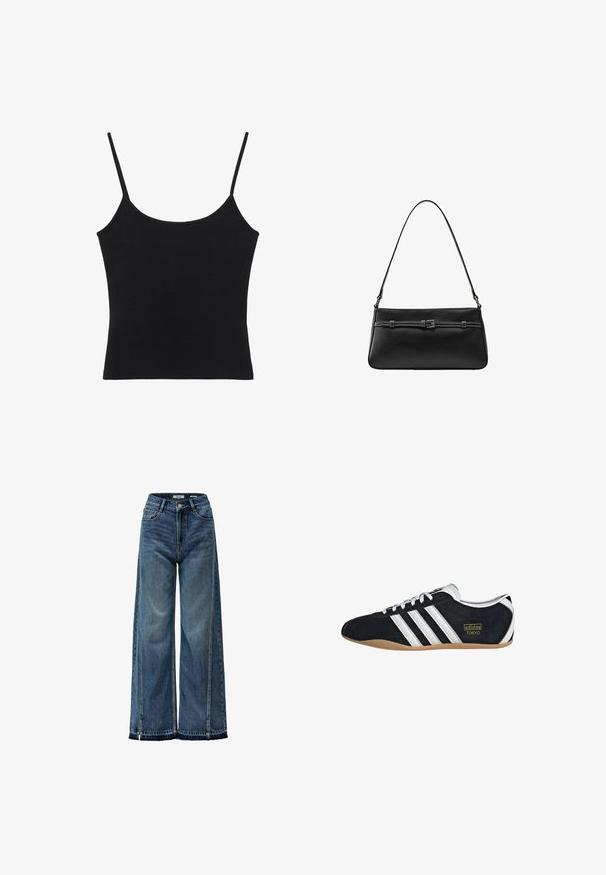 Schwarzes ärmelloses Damen-Top mit dünnen Spaghettiträgern und geradem Saum.; Weite blaue Denim-Jeans mit hoher Taille, die subtile Verwaschungen, Kontrastnähte und einen rohen Saum am Knöchel aufweisen.; Schwarze Wildledersneaker mit drei weißen Streifen, goldenem Logo und brauner Gummisohle. Merkmale ein niedrigprofiliertes Schnürdesign.; Schwarze Lederschultertasche mit schmalem verstellbarem Riemen und dekorativem Gürtel-Detail auf der Vorderseite.