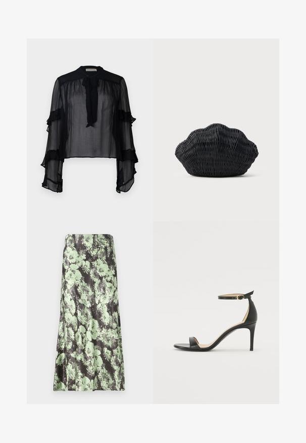 Zwarte doorschijnende blouse met lange, gerimpelde mouwen en een striknek. Gekenmerkt door lichte stof en een losse fit, geschikt voor het dragen in lagen.; Bloemenrok met een zwarte basiskleur en lichtgroene bloemenpatronen. Materiaal lijkt glad met een licht glanzende textuur en een uitlopende vorm.; Zwarte leren hoge hak sandaal met enkelbandje. Heeft een gladde textuur, open teen en een dunne hak. Gouden gesp detail.; Zwarte gevlochten handtas in de vorm van een sint-jakobsschelp met een gebogen bovenkant en een geweven textuur op een effen achtergrond.