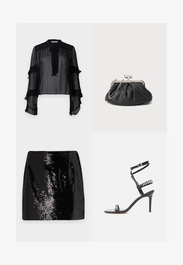 Blouse noire transparente avec de longues manches volantes et un col à nouer. Fabriquée en tissu léger et avec une coupe ample, elle est idéale pour superposer.; Jupe mini en sequins noirs avec un design ajusté, taille haute et texture brillante, présentant des détails de surface réfléchissante et une silhouette épurée.; Sandale noire à talon haut avec fine bride à la cheville, bride médiane décorée de maillons de chaîne argentés, et design à bout ouvert.; Porte-monnaie en cuir noir avec texture froncée, cadre en métal argenté, fermeture à verrouillage kiss-lock et bandoulière en chaîne. Surface lisse et douce.