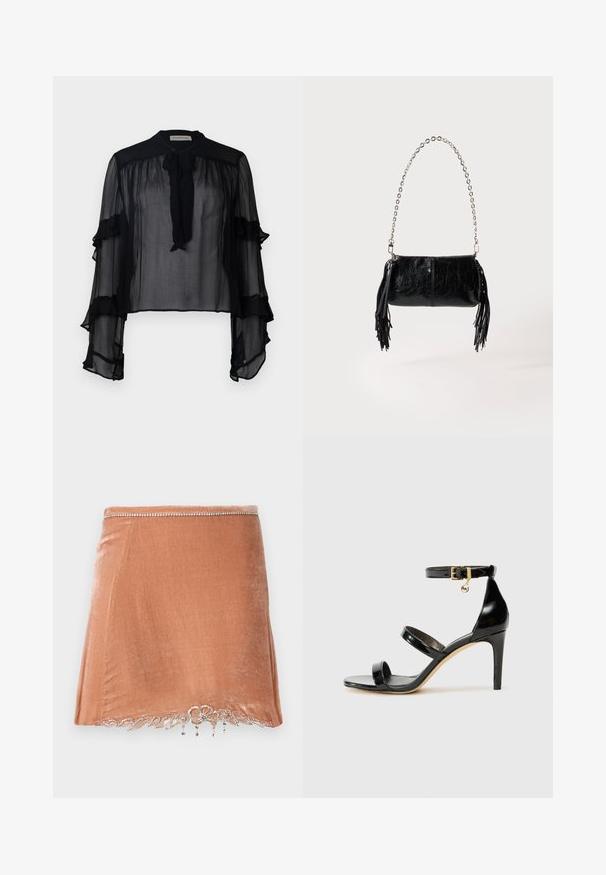 Blusa negra transparente con mangas largas y volantes, y un lazo en el cuello. Confeccionada con tejido ligero y un corte suelto, ideal para superponer.; Rabanne Minifalda - pink; Sandalia de charol negro con tres correas, hebilla en el tobillo y tacón de aguja de 10 cm. Presenta detalles de hardware en oro y un charm con el logo.; Pequeño bolso de mano de cuero negro con cadena plateada y borlas de cuero negro a ambos lados sobre un fondo claro y liso.
