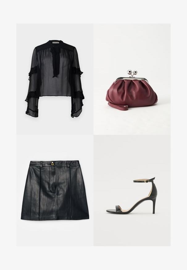 Schwarze durchsichtige Bluse mit langen, gerafften Ärmeln und einer Schleife am Hals. Besteht aus leichtem Material und hat eine lockere Passform, die sich gut zum Schichten eignet.; AERON RUDENS SKIRT - A-Linien-Rock - black; Schwarze Leder-high-heeled Sandale mit Knöchelriemen. Verfügt über eine glatte Textur, offene Zehen und einen dünnen Absatz. Goldfarbener Schnallenakzent.; Kleine burgunderrote Lederclutch mit silbernem Metallverschluss und Handgelenksriemen auf weißem Hintergrund.