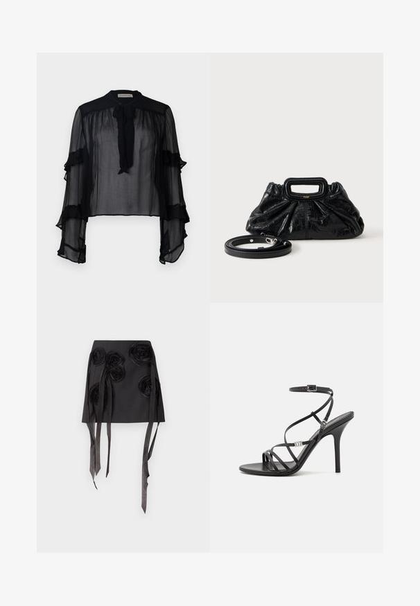 Blouse noire transparente avec de longues manches volantes et un col à nouer. Fabriquée en tissu léger et avec une coupe ample, elle est idéale pour superposer.; Jupe noire avec des appliqués floraux tridimensionnels, ornée de longs rubans satinés fluides. Le matériau a une texture lisse et un design structuré.; Sandale noire à talons hauts avec des brides fines, une boucle à la cheville, une surface en cuir lisse et un talon aiguille élancé.; Petit sac à main en cuir noir avec texture froncée, poignée rectangulaire et fine bandoulière amovible placée à côté.
