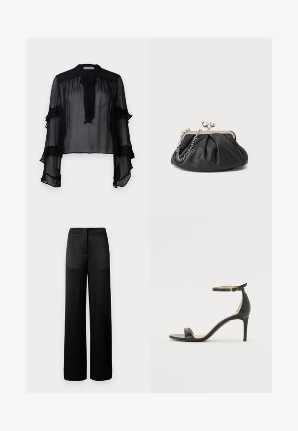 Blouse noire transparente avec de longues manches volantes et un col à nouer. Fabriquée en tissu léger et avec une coupe ample, elle est idéale pour superposer.; Pantalons noirs à jambes larges avec une surface texturée, dotés d'une taille plate et de deux poches latérales. Le tissu semble léger et fluide.; Sandale à talons hauts en cuir noir avec une lanière de cheville. Présente une texture lisse, un bout ouvert et un talon fin. Détail de boucle en ton doré.; Porte-monnaie en cuir noir avec texture froncée, cadre en métal argenté, fermeture à verrouillage kiss-lock et bandoulière en chaîne. Surface lisse et douce.