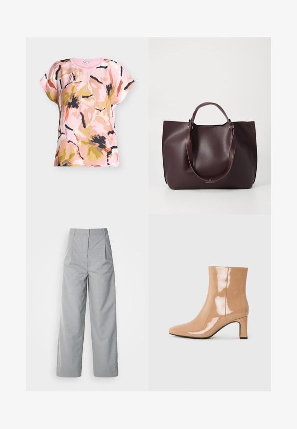 Haut pour femme à manches courtes avec motif floral abstrait en tons rose, beige, noir et orange sur un fond rose clair.; Pantalons larges gris en tissu texturé, avec une taille haute, des plis à l'avant et une coupe droite jusqu'à l'ourlet.; Bottes à talon nu patent avec un bout pointu, une finition brillante et un talon bloc de hauteur intermédiaire. Texture lisse et silhouette élégante.; Sac fourre-tout en cuir bordeaux avec une texture lisse, deux poignées solides et un design minimaliste. Présente un subtil détail en métal doré.