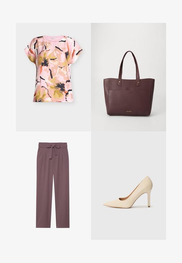 Kortærmet damebluse med abstrakt blomsterprint i pink, beige, sort og orange nuancer på en lyserød baggrund.; Plumfarvede bukser med bred benstørrelse, bæltet talje, plisseret front og glat tekstur. Har sidelommer og skræddersyet design.; Beige læder højhælede pumps med spidse tæer og et udskæringsdetalje på siden, der har en slank stilettohæl for støtte.; Burgunderfarvet syntetisk tote taske med to håndtag, flad design, guldfarvede hardware detaljer og en frontlomme. Logoet placeret i bunden.