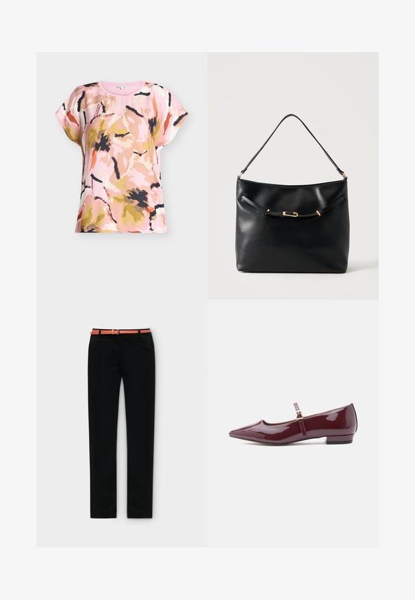 Haut pour femme à manches courtes avec motif floral abstrait en tons rose, beige, noir et orange sur un fond rose clair.; Pantalon noir à jambe droite avec une coupe slim, associé à une fine ceinture corail passée dans les passants.; Ballerines vernies bordeaux avec un bout pointu, un talon plat et une bride avec un petit détail de boucle.; Sac à épaule en cuir noir avec une bandoulière unique et un petit détail de boucle dorée à l'avant, sur un fond clair uni.