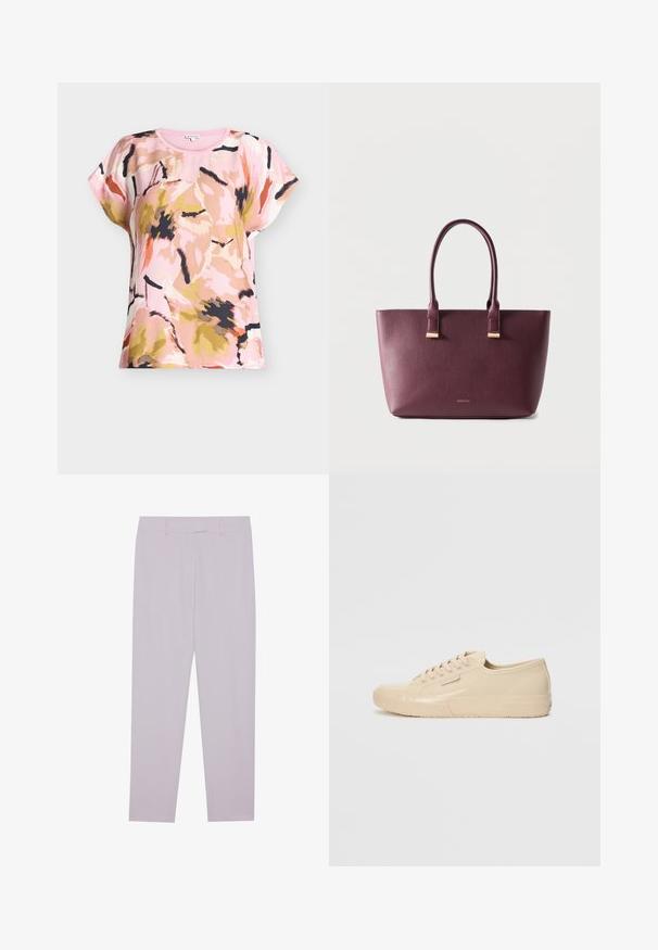 Haut pour femme à manches courtes avec motif floral abstrait en tons rose, beige, noir et orange sur un fond rose clair.; Pantalons violet clair en tissu lisse, dotés d'une coupe ajustée, de passants de ceinture et d'une coupe droite.; Baskets beiges montantes avec une finition brillante, dotées d'une semelle en caoutchouc texturée, d'un bout rond et de six œillets pour les lacets.; Sac fourre-tout en cuir violet foncé avec deux poignées et petit logo de marque doré sur le devant, posé sur un fond clair uni.