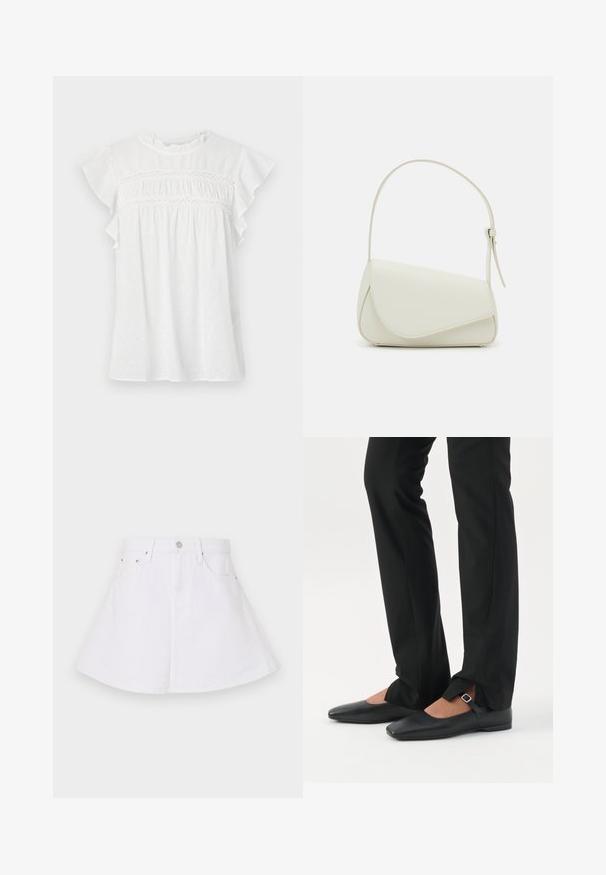 Blouse blanche à manches courtes, avec des manches volantes, un devant froncé avec des détails en dentelle, et un motif texturé sur un tissu léger.; Jupe en denim blanc au design évasé, avec une taille ajustée, cinq poches et une fermeture à bouton à l'avant. Texture lisse.; Jambes vêtues d’un pantalon slim noir avec des fentes à l’avant de l’ourlet, assorties à des chaussures plates Mary Jane noires avec une petite bride à boucle.; Sac à main en cuir synthétique blanc avec une forme triangulaire structurée, une bandoulière unique réglable et un rabat à courbes accentuées.