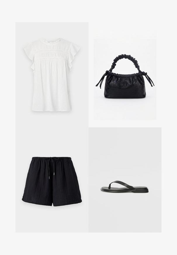 Blouse blanche à manches courtes, avec des manches volantes, un devant froncé avec des détails en dentelle, et un motif texturé sur un tissu léger.; Shorts en coton noir avec une finition texturée et froissée. Présentent une taille élastique et un cordon de serrage ajustable pour le confort et l'ajustement.; Tongs noires en cuir lisse, avec un design de sangle fine et une semelle plate à profil minimal. Aucun motif ou accent notables.; Sac à main noir avec texture crocodile, bord supérieur froncé, poignée plissée et pompons à cordon de chaque côté sur fond blanc.