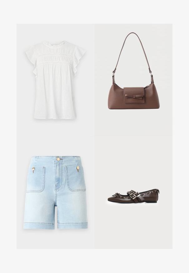 Weiße Kurzarmbluse mit rüschierten Ärmeln, gerafftem Vorderteil mit Spitzenverzierung und einem strukturierten Muster auf leichtem Stoff.; Hellblaue Denim-Shorts mit hoher Taille, ausgestattet mit zwei Fronttaschen, goldenen Hardware-Details und einem sauberen Saum.; Dunkelbrauner flacher Lederschuh mit spitzer Spitze, doppelten silbernen Schnallenriemen, Metallösen und dekorativer Schleife vorne.; Braune Leder-Umhängetasche mit einer vorderen Klappentasche, die ein gestepptes Schleifendetail und einen verstellbaren Riemen aufweist.