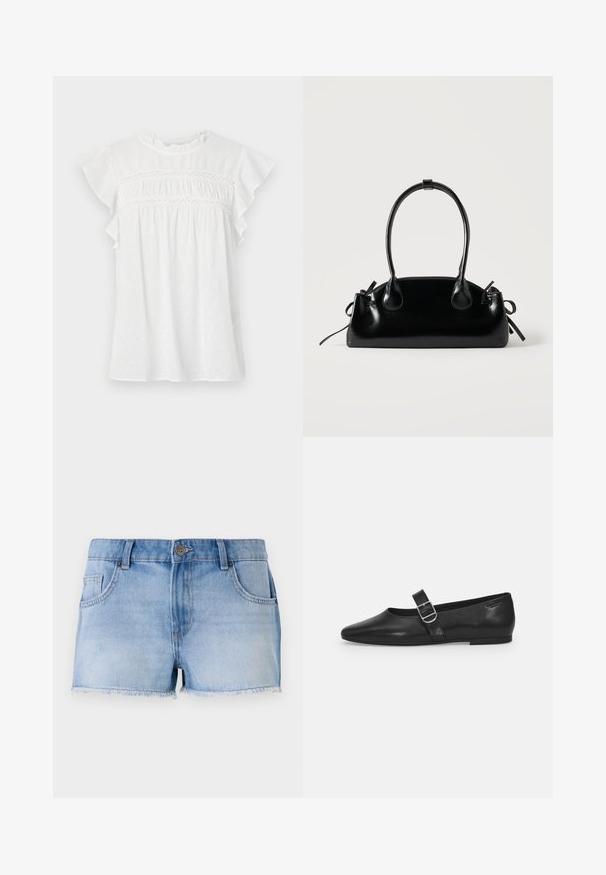 Blouse blanche à manches courtes, avec des manches volantes, un devant froncé avec des détails en dentelle, et un motif texturé sur un tissu léger.; Shorts en denim bleu clair avec un ourlet effiloché, cinq poches et une fermeture à bouton à l'avant. Présente un délavage passé et une coupe droite.; Chaussure plate en cuir noir avec un bout arrondi, une seule sangle réglable à boucle et une texture lisse et brillante. Design minimaliste avec un petit talon.; Petit sac à main noir brillant avec deux longues anses et des détails à cordon sur les côtés sur un fond clair uni.