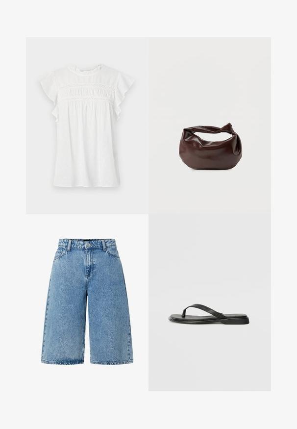 Weiße Kurzarmbluse mit rüschierten Ärmeln, gerafftem Vorderteil mit Spitzenverzierung und einem strukturierten Muster auf leichtem Stoff.; Hellblaue Jeansshorts mit weitgeschnittenem Design, klassischem Fünf-Taschen-Stil und einem strukturierten Material mit einem ausgewaschenen Finish.; Schwarze Flip-Flops aus glattem Leder, mit einem dünnen Riemendesign und einer flachen Sohle mit minimalem Profil. Keine bemerkenswerten Muster oder Akzente.; Dunkelbraune Lederschultertasche mit weicher, lockerer Form und einem gedrehten Knotengriff vor schlichtem weißem Hintergrund.