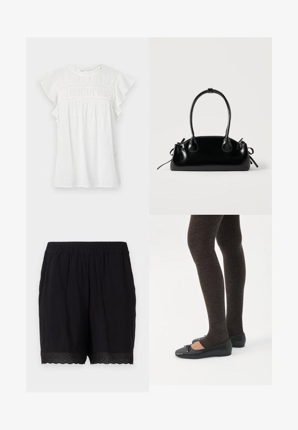 Blouse blanche à manches courtes, avec des manches volantes, un devant froncé avec des détails en dentelle, et un motif texturé sur un tissu léger.; Shorts noirs en coton avec une taille élastique et un ourlet festonné, comportant des détails perforés sur les bords. Tissu doux et léger.; Jambes portant des leggings côtelés foncés associés à des ballerines noires avec de petits détails en nœud sur fond blanc.; Petit sac à main noir brillant avec deux longues anses et des détails à cordon sur les côtés sur un fond clair uni.