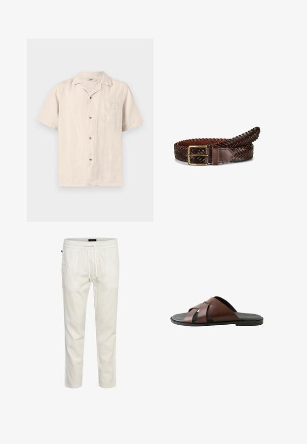 Camisa beige de manga corta con botones, bolsillo en el pecho y cuello tipo "camp collar", hecha de tela ligera y texturizada.; Joggers ligeros de algodón blanco con cintura elástica, cierre con cordón y un corte relajado. Textura suave sin patrones ni acentos.; Sandalia deslizante de cuero marrón para hombre con correas cruzadas y suela negra, mostrada de perfil sobre fondo blanco.; Cinturón de cuero trenzado marrón oscuro con hebilla rectangular de latón, enrollado con costuras detalladas en el lazo de la hebilla sobre un fondo blanco.