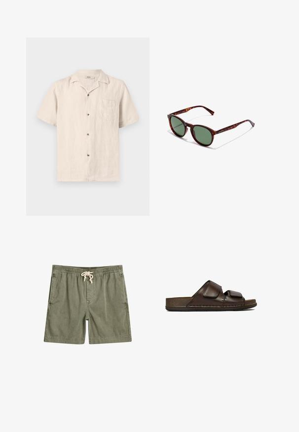 Beige kortærmet skjorte med knapper og brystlomme samt camp-krave, lavet af let tekstureret stof.; Olivengrønne shorts lavet af blødt stof, med en elastisk talje og snor, to sidelommer og en afslappet pasform.; Mørkebrune lædersandaler med to justerbare velcro-remme og en tyk, tekstureret sål.; Brune skildpaddedesign solbriller med runde rammer, grønne linser og mønstrede tempelarme. Har brandlogo på en arm.
