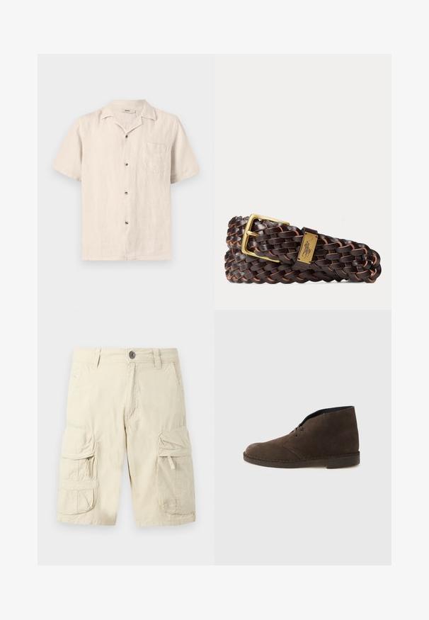 Chemise beige à manches courtes avec boutons, poche poitrine et col camp, fabriquée en tissu léger texturé.; Short cargo beige avec bouton devant, fermeture éclair, passants de ceinture et deux grandes poches à rabat avec fermetures éclair sur chaque cuisse.; Botte cheville en daim marron avec deux œillets, talon bas et semelle cousue sur un fond gris clair uni.; Ceinture en cuir tressé brun foncé avec une boucle rectangulaire dorée et une plaque dorée arborant un emblème de joueur de polo.