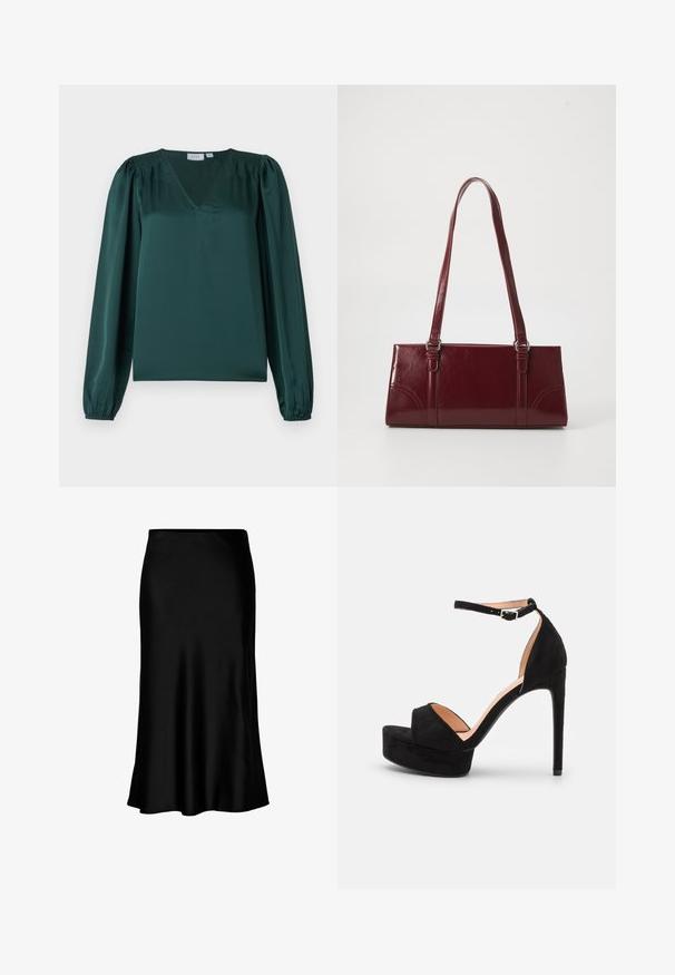 Groene satijnen blouse met een V-hals, lange pofmouwen en geplooide details op de schouders. Soepele textuur en een ontspannen pasvorm.; Zwarte satijnen midi-rok met een gladde textuur, een uitlopende zoom en een nauwsluitende tailleband, met een eenvoudig, klassiek ontwerp.; Zwarte suède hoge hakken sandaal met een platformzool, enkelband met zilveren beslag, open teen ontwerp en een gladde textuur.; Bourgondische handtas van glanzend materiaal, rechthoekige vorm, met twee schouderbanden en subtiele gebogen accenten aan de voorkant.