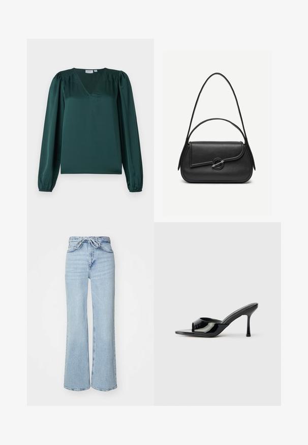 Grüne Satinbluse mit V-Ausschnitt, langen Puffärmeln und gerafften Details an den Schultern. Sanfte Textur und lässige Passform.; Helleblaue Denim-Jeans mit weitem Bein, hoher Taille und Kordelzugverschluss. Mit strukturierter Oberfläche und rohem Saum.; Schwarze Lackleder-Pantoletten mit offener Zehe, schmalem Riemen und Stiletto-Absatz. Glatte Textur und minimalistisches Design mit flacher Sohle.; Schwarze Lederhandtasche mit abgerundeten Kanten, asymmetrischem Überschlag, metallfarbenem runden Verschluss und kurzen sowie langen Schulterriemen.
