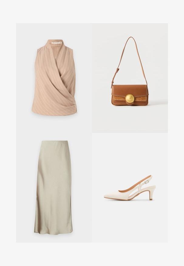 Beige ærmeløs top med en omslagsdesign, der har hvide lodrette striber. Fremstillet af letvægtsstof med en glat tekstur.; En lang, lys beige nederdel lavet af glat stof har en subtil glans og en flagrende kant, hvilket giver et strømlinet, minimalistisk design.; Hvide slingback hæle med spids tå, glat overmateriale, lav blokhæl og sideudskæringsdesign med justerbar spænderem.; Brun skuldertaske i læder med justerbar strop, hvide syninger, præget mønster og stor rund guldlås på frontklappen.