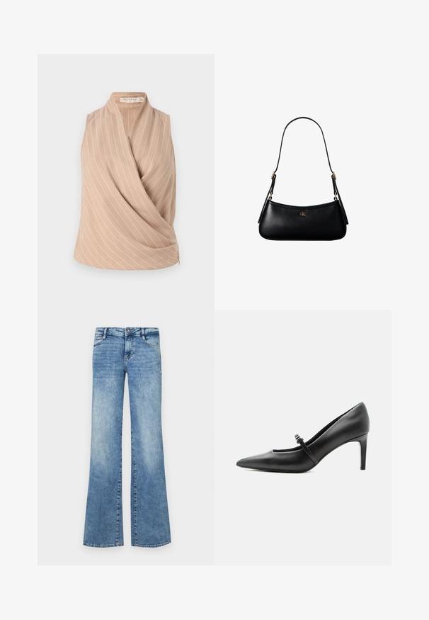 Beige mouwloze top met een wikkeldesign, voorzien van witte verticale strepen. Gemaakt van lichtgewicht stof met een zachte textuur.; Lichtblauwe uitlopende jeans van denim. Voorzien van een knoopsluiting, vijf zakken en vervaagde details voor een versleten uitstraling.; Zwarte leren pumps met puntige neus, dunne riem en gesp over de wreef, staand op een neutrale lichte achtergrond.; Zwarte leren mini schoudertas met een dun riempje en klein goudkleurig CK-logo aan de voorkant in het midden.