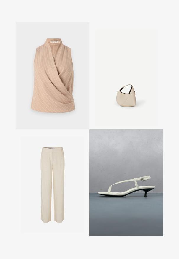 Top sin mangas beige con un diseño envolvente, con rayas verticales blancas. Está hecho de una tela ligera con una textura suave.; Pantalones de lino beige con diseño de pierna recta, que presentan una textura suave y un ligero brillo. Incluyen cinturilla y bolsillos frontales discretos.; Sandalia blanca de tacón kitten con tiras y punta afilada, flotando sobre un suelo de baldosas de madera al aire libre, con un fondo desenfocado de plantas y pared.; Bolso de cuero beige en forma de media luna con una sola correa para el hombro y costuras mínimas, colocado sobre un fondo blanco liso.