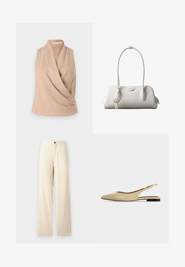 Beige ærmeløs top med en omslagsdesign, der har hvide lodrette striber. Fremstillet af letvægtsstof med en glat tekstur.; Beige, vidde bukser lavet af letvægtsstof. Har en frontknap-lukning og lige kanter. Glat tekstur med minimale syninger.; Beige spids tå slingback flad sko med lav sort hæl og en glat læderfinish, vist fra siden på en ensfarvet baggrund.; Hvid Calvin Klein skuldertaske med lange håndtag, rektangulær form, lynlåslukning og dekorativt logohæng tæt på håndtaget.