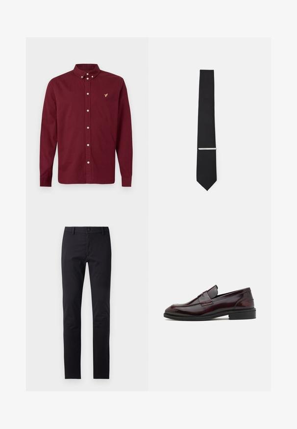 Chemise à manches longues boutonnée en bordeaux profond avec un col boutonné et un petit logo brodé d'un oiseau doré sur le côté gauche de la poitrine.; Pantalons noirs en tissu lisse, présentant une coupe slim, une fermeture à bouton et des poches standard sans motifs ni accents visibles.; Mocassins en cuir bordeaux avec une finition lisse, un accent rectangulaire à l'avant et une pointe arrondie, dotés d'une semelle en caoutchouc noir.; Noeud papillon en tissu lisse, de largeur étroite et orné d'une pince à cravate en argent qui souligne son design.