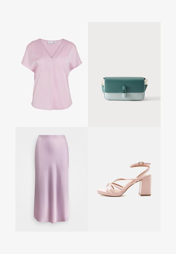 Lyserød kortærmet bluse med V-udskæring og løs pasform, lavet af glat stof, med en lille frontplisse-detalje.; Satin midi-nederdel i lyserød, med en glat tekstur, strømlinet silhuet og en udbredt kant. Ingen synlig hardware eller mønstre.; Lyserøde damesandaler med hæl, krydsede remme og ankelspænde på blokhæl mod hvid baggrund.; Rektangulær to-tonet grøn læderhåndtaske med klaplukning, frontspænde og aftagelig skulderrem med gyldne spænder.
