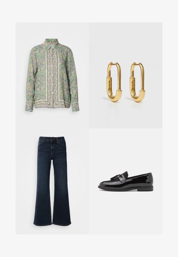 Grünes, blumiges Hemd mit Knopfleiste und langen Ärmeln, mit einem kontrastierenden, hellen Saum und kunstvollen Mustern entlang der Vorderseite. Leichter Stoff.; Mos Mosh HERA - Flared Jeans - dark blue; Schwarze Lackleder-Lederschuhe mit runder Zehenform, dekorativem schwarzen Wildlederriemen und flacher Gummisohle. Glatte Textur mit glänzender Oberfläche.; Goldene Metall-Hoops mit einer verlängerten ovalen Form, ausgestattet mit einer glatten, polierten Oberfläche und einem kleinen Scharnier zur Befestigung.