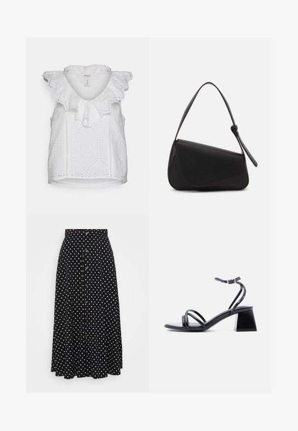 YAS Petite YASHOLI - Blusa - star white; Falda negra con lunares, de cintura alta, cierre frontal con botones, hasta la rodilla, hecha de un tejido con una textura suave y un drapeado sutil.; Sandalia negra con tiras, abierta en la punta, con hebilla en el tobillo y tacón cuadrado, vista lateral sobre un fondo claro y liso.; Bolso de mano de cuero negro con forma triangular, tapa en ángulo y un asa superior redondeada. Presenta una textura suave y detalles de diseño minimalistas.