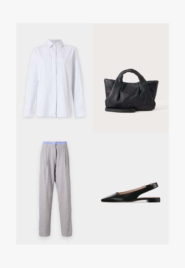 Camisa blanca de manga larga con finas rayas verticales negras, cuello y puños con rayas horizontales sobre un fondo liso.; Pantalones de lino gris claro con pliegues, cinturilla de patrón azul, diseño de pierna ajustada y cierre de botón. Textura suave, tejido ligero.; Zapato plano de cuero negro con tira trasera, puntera puntiaguda y tacón cuadrado bajo sobre fondo blanco.; Bolso de mano de cuero negro y suave con asas cortas, una correa desmontable y un logo cosido en el frente, sobre un fondo liso y claro.